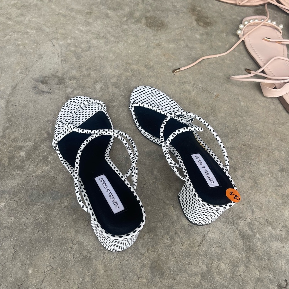 Chelsea & Violet Black and White Heels with Polka Dot Pattern